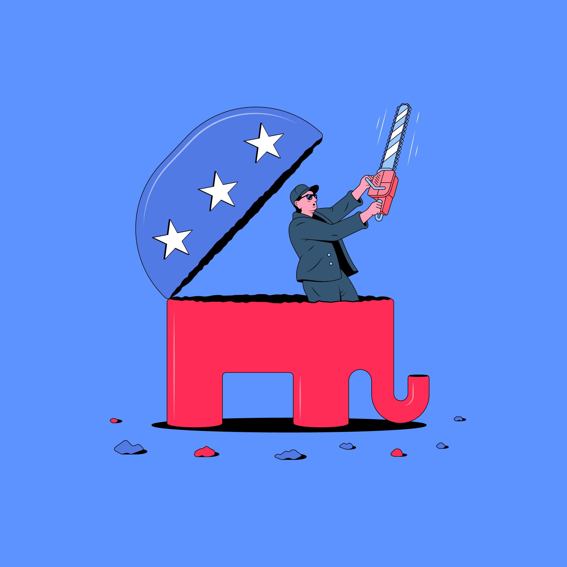Illustration of Elon Musk tearing apart the Republican Party's iconic elephant.